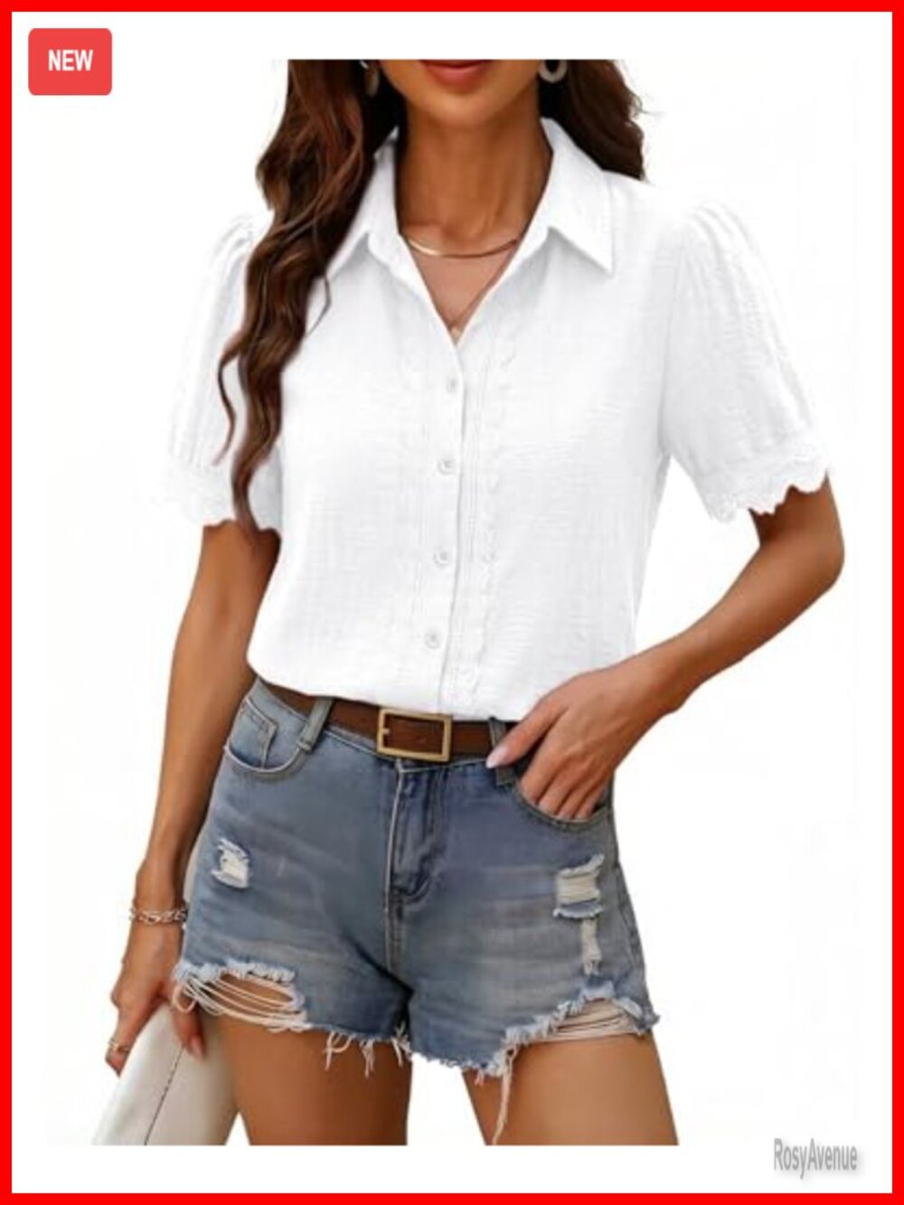 Womens Short Sleeve Button Down Lace Blouse Square Neck Casual Top